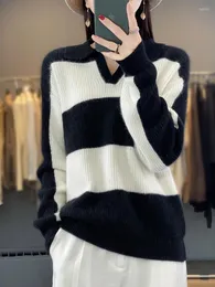 Women's Sweaters 2024 Sweater Autumn And Winter Wool Navy Blue Black White Color Matching Trendy Cashmere