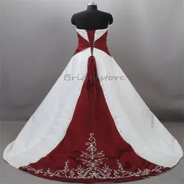 Retro Bourgogne med vit bröllopsklänning gotisk sexig stropplös satin broderi bröllopsklänningar elegant korsett snörning slott fancy brudklänning viktoriansk brud 1950 -tal