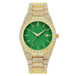 Orologio al quarzo da studente di alta bellezza alla moda da uomo con simulazione verde oro Super Flash Full Diamond nero Hiphop