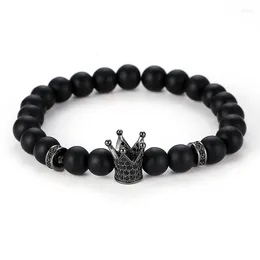 Strand Trendy Matte Black Stone Beads Bracelet Pave CZ 4 Color Crown And Sheet For Women&Men Noble Jewelry Handmade Pulseras