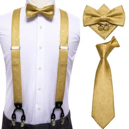 Hi-Tie 100% Silk Adult Men's Suspender Set Leather 6 Clips Hemslar Vintage Fashion Gold Floral Wedding Suspenders och Bowtie Set 240111