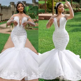 Vestido de casamento sereia de luxo para noiva plus size decote transparente mangas compridas renda ilusão frisada vestidos de noiva para casamento africano mulheres negras menina nigeriana CDW198