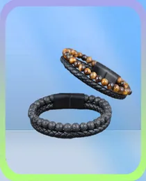 Pulsera con dijes para hombre, cuerda trenzada de cuero multicapa, cuentas de piedra natural, brazalete con cierre magnético de acero inoxidable, joyería Punk con v4461105