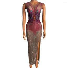 Bühne tragen ärmellose glänzende Schmetterling Strass Sexy langes Kleid für Frauen Party Abend Kleidung Sänger Kostüm Prom trägt