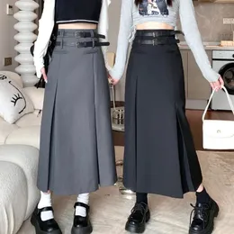 Koreanischen Stil Hohe Taille Anzug Langen Rock Frauen Elegante Doppel Gürtel Midi Röcke Frau Y2k Plissee Schwarz Grau EINE Linie faldas Mujer 240112