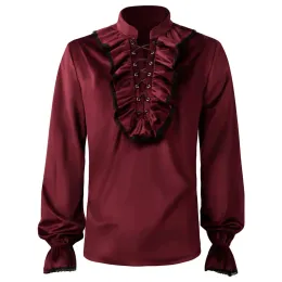 QNPQYX New Vintage Men's Velvet Ruffle Shirts Medieval Victorian Blouse Long Sleeve Wine Red Lace Trim Steampunk Vampire Halloween Costume