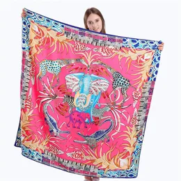 Pobing 100% sarja lenço quadrado de seda animais impressão feminina cachecóis envoltório girafa lenço espanhol foulards cachecol grande bandana 240111