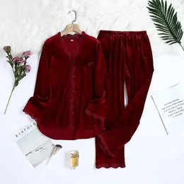 Women's Sleepwear For Pajamas Winter Women Lace Pant Gold V-Neck Pijamas 2Pcs Autumn Sexy Pyjama Homewear Long Set Warm Velvet