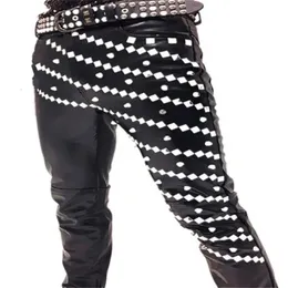 Idopy L Mens韓国のゴシックパンクステージパフォーマンスRevit Faux Leather Pants Pu Studded Party Black Ounsers Male 240111