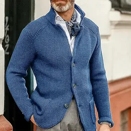 Camisola masculina jaqueta terno fino gola de malha camisola outono e inverno cor sólida casual cardigan bolso masculino 240112