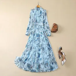 2024 Spring Blue Floral Print Panelled Dress Long Sleeve Stand Collar Long Maxi Casual Dresses A4J09