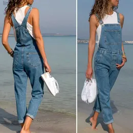 Macacões femininos macacão calças de carga mulheres jeans babadores macacões macacão senhoras rasgado buraco suspensórios longo playsuit bolsos coveralll240111