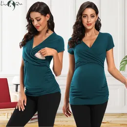 Womens Maternity Clothes Breastfeeding Clothing Short Sleeve Pregnant Pleated Side Open Pregnancy TShirt Top 240111
