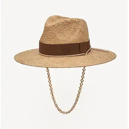 Basker kedja rem halm fedora hatt utsmyckade strandhattar med kedja för kvinnor halmvävda solhattar sommar holidaty panama hatt