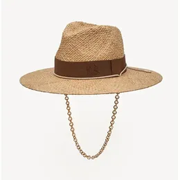 Baskenmützen, Kettenriemen, Stroh-Fedora-Hut, verzierte Strandhüte mit Kette für Damen, Strohgewebte Sonnenhüte, Sommerurlaub, Panamahut