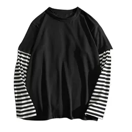 Student T-Shirts Gefälschte Zwei Stück Set Gestreiften Langarm O Hals Einfache Casual Frühling Top T-shirts Für Männer Schule 240112