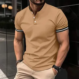 Camisa POLO con cremallera y cuello plano liso para hombre, camiseta de manga corta de Color sólido de verano, ropa para hombre de negocios delgada Shads 240111