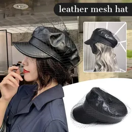 Mode Britische PU Leder Mesh Baskenmütze Frauen Vintag Schleier Kürbis Kapitän Hut Elegante Flache Top Sailor Hüte Allmatch Beanie 240111