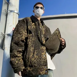 Houzhou leopard vadderad jacka män vintage vinter trendig dubbelsidig imitation sherpa kappa amerikansk lös varma parkor hiphop 240112