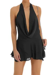CHRONSTYLE женское сексуальное облегающее мини-платье с глубоким вырезом Y2K с открытой спиной и лямкой на шее, глубокий V-образный вырез, сетчатое короткое платье, элегантное вечернее платье 240111