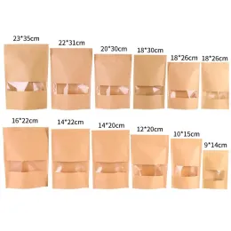 50Pcs/lot Kraft Paper Bag Window Zip lock Empty Dried Food Fruit Tea Gift package Self Sealing Zipper Stand up Bags BJ