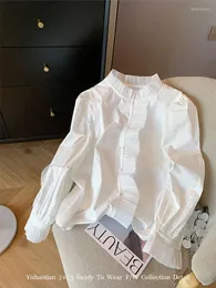 Damenblusen Mori Girl Basic Overshirt Volle Ärmel gerafft Elegant Vintage Y2K Preppy Style Weiße Hemden Lässige 2000er-Jahre-Ästhetik