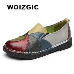 حذاء اللباس Woizgic للسيدات النسائي امرأة أم أحذية الأم شقق حقيقية من الجلد المتسكعون moccasins مختلطة ملونة غير زلة على حجم زائد 42