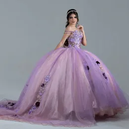 Lavender Quinceanera Sukienki kwiatowy koronkowy tiul frezujący z sukienki na imprezę koronkową w górę Court Train Ball Suknia Vestidos de 15