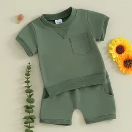 Kläduppsättningar småbarn baby pojke sommarkläder solid färg outfit spädbarn kort ärm t shirt topp född stretch jogger shorts set