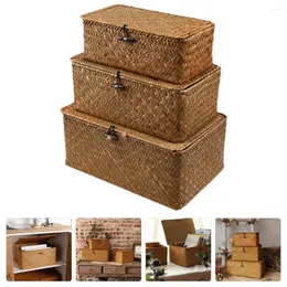 Storage Bags Woven Basket Lid Seagrass Baskets Rectangular Rattan Box Stackable Boxes Makeup Organizer Container