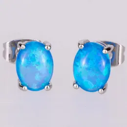 Stud Earrings KONGMOON 6x8 Oval Ocean Blue Fire Opal Cabochon Silver Plated Jewelry For Women Piercing