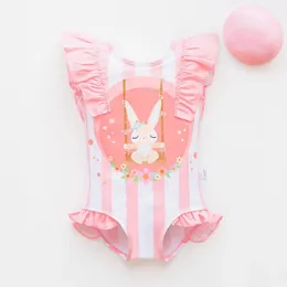Wear Girl Children Pink One Piece Cute Set Beachwear Rabbit Cartoon Pattern Swimwear Kids Bathing Cap LongSleeved Conjoined Swimsuit