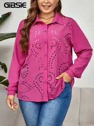 GIBSIE Plus Size Women Elegant Hollow Out Button Up Shirt 2023 Spring Fall Long Sleeve Loose Work Office Tunic Blouses Tops 240112