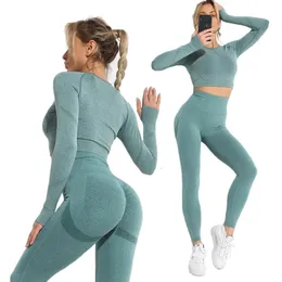 Kesintisiz yoga Setleri Kadınların Trailsuit Spor Spor Tayt Fitness Mahsul Üst Sütyen Uzun Kollu Yoga Giyim Egzersiz Spor Giyim Takım