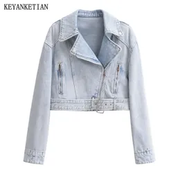 KEANKETIAN, chaqueta vaquera lavada con cremallera asimétrica para mujer, chaqueta informal de calle con bolsillos, chaqueta femenina, Top corto 240112