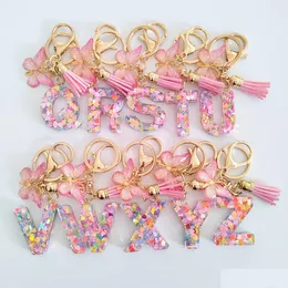 Key Rings Initial Pink Letter Keychains For Girls Women Cute Butterfly Heart Keychain Backpack School Bag Drop Delivery Jewelry Dhl82