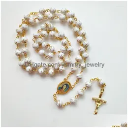 펜던트 목걸이 Diyalo Crucifix Jesus Cross Maria Necklace Catholic White Acrylic Rosary Bead Chain 여성 남성 보석 선물 선물 Del Dhnc1