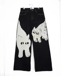 Jeans femininos harajuku y2k rua vestuário er grande gato branco impressão cintura alta calças de perna reta calças de brim femininas moda perna larga calçasyolq