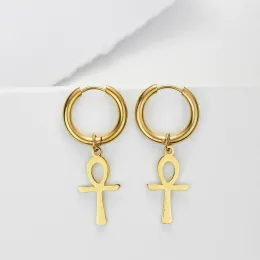 Brincos de gota cruz egípcia ankh, feminino, cor dourada 14k, ouro amarelo, brincos pendurados, amuleto, crucifixo, joia egípcia, presente