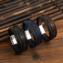 Charme Pulseiras Jiayiqi Multilayer PU Pulseira De Couro Com Fecho Mental Ímã Preto Punk Homens Bangle Jóias