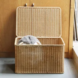 Large Woven Storage Baskets Rectangular Storage Box with Lid Box Organizer Bins Sundries Container Closet Wardrobe Organiser 240112