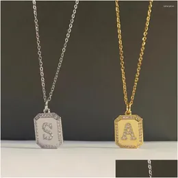 Collane con ciondolo Vintage Cz Pave Lettera Intagliata Etichetta quadrata Collana con ciondolo Trendy Colore oro Alfabeto Catena in acciaio ramato Girocollo Fai da te Dr Dhm0C