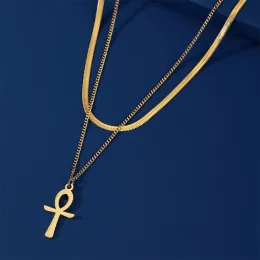 تميمة مصر Ankh Cross Necklace 14K الذهب الأصفر طبقة مزدوجة الترقوة سلسلة الثعابين الصلب المجوهرات المصرية للنساء