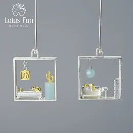 Lotus Fun Real 925 Sterling Silver Lazy Cat at Home Dangle Earring Handmade Designer Fine Jewelry Square Big Earrings 240113