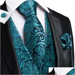 رجال السترات رجال Hi-tie Teal Green Green Paisley Silk Men Slim Weistcoat necktie مجموعة لبدلة فستان الزفاف 4pcs سترة كوفلين otryl