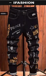 High Street Fashion Mens Jeans Gece Kulübü Siyah Mektup Kişisel Tasarımcı Baskılı Erkek Pantolon Sıska Hip Hop Motor 240113