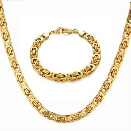 Hip Hop Byzantine Box Chain Set Golden Color Solid 14K Gula guldsmycken Set för män/kvinnor 2024 Hot Sale Ru Necklace Armband