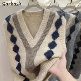 Sweater yelek kadınlar örgü elmas kontrol panelli v yaka sonbahar kış üstleri düz dişli dış giyim şık tasarım Mujer 240113