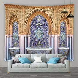 Islamic Retro Geometric Pattern Tapestry Moroccan Architectural Wall Hanging Living Room Bedroom Home Wall Decor Mural Screen 240113