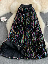 Tigena brilhante colorido lantejoulas maxi saia feminina moda coreana estética uma linha de cintura alta saia longa feminina jupe femme 240113